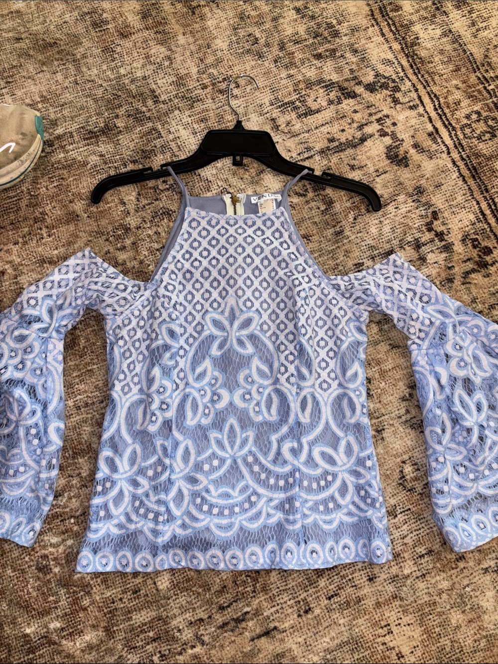 Lace Cold-Shoulder Halter Top in Light Blue with sleeves